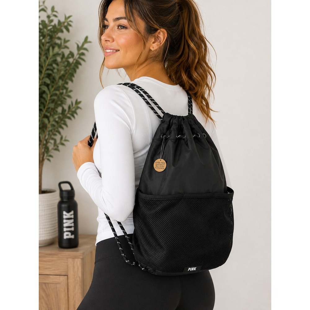 Victoria's Secret PINK Black Mesh Drawstring Backpack Recycled Material Bag
